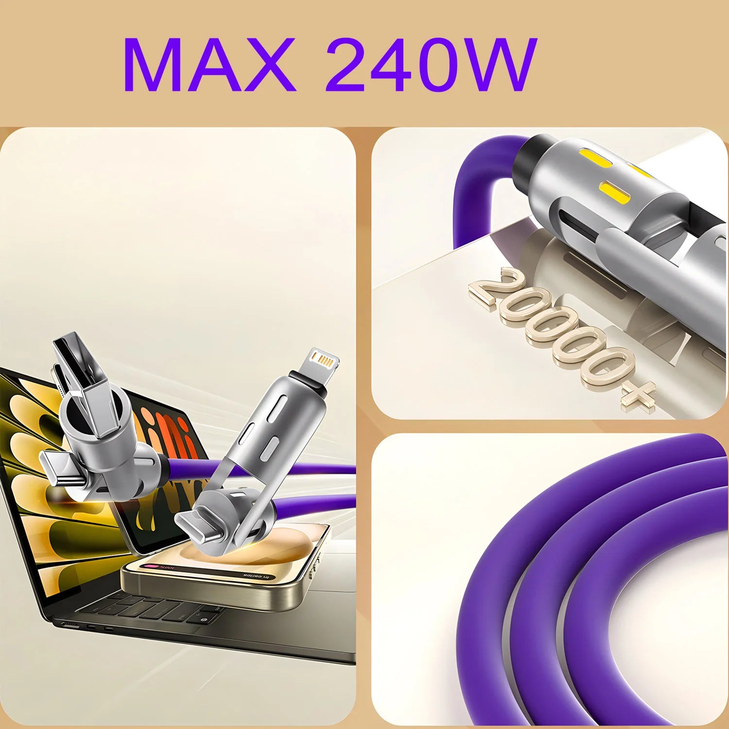 4-IN-1 240W USB Type C To USB C Cable PD Fast Charger Wire For iPhone 16 Pro Max 15 iPad Xiaomi Samsung Tablet 1M Data Cord 2Pcs
