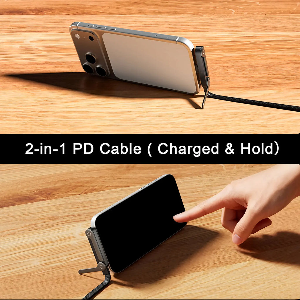 2-IN-1 Type-C Cable Foldable Mobile Phone Holder 240W Fast Charging Data Cable Multifunction Phone Charge Bracket Dual PD cable